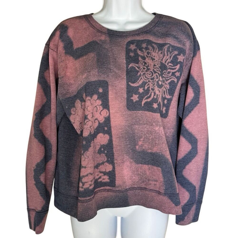 Bleach Stenciled Celestial Zig Zag Reworked Hanes Crewneck Sweater L